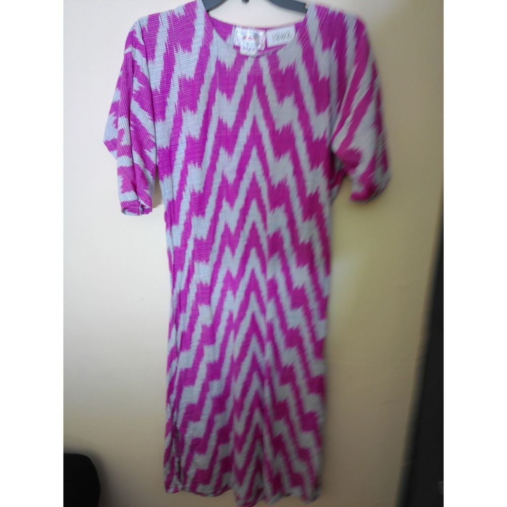 Adras Ikat Midi Dress Women 42 Magenta Pink White Chevron Cotton Boho Artistic